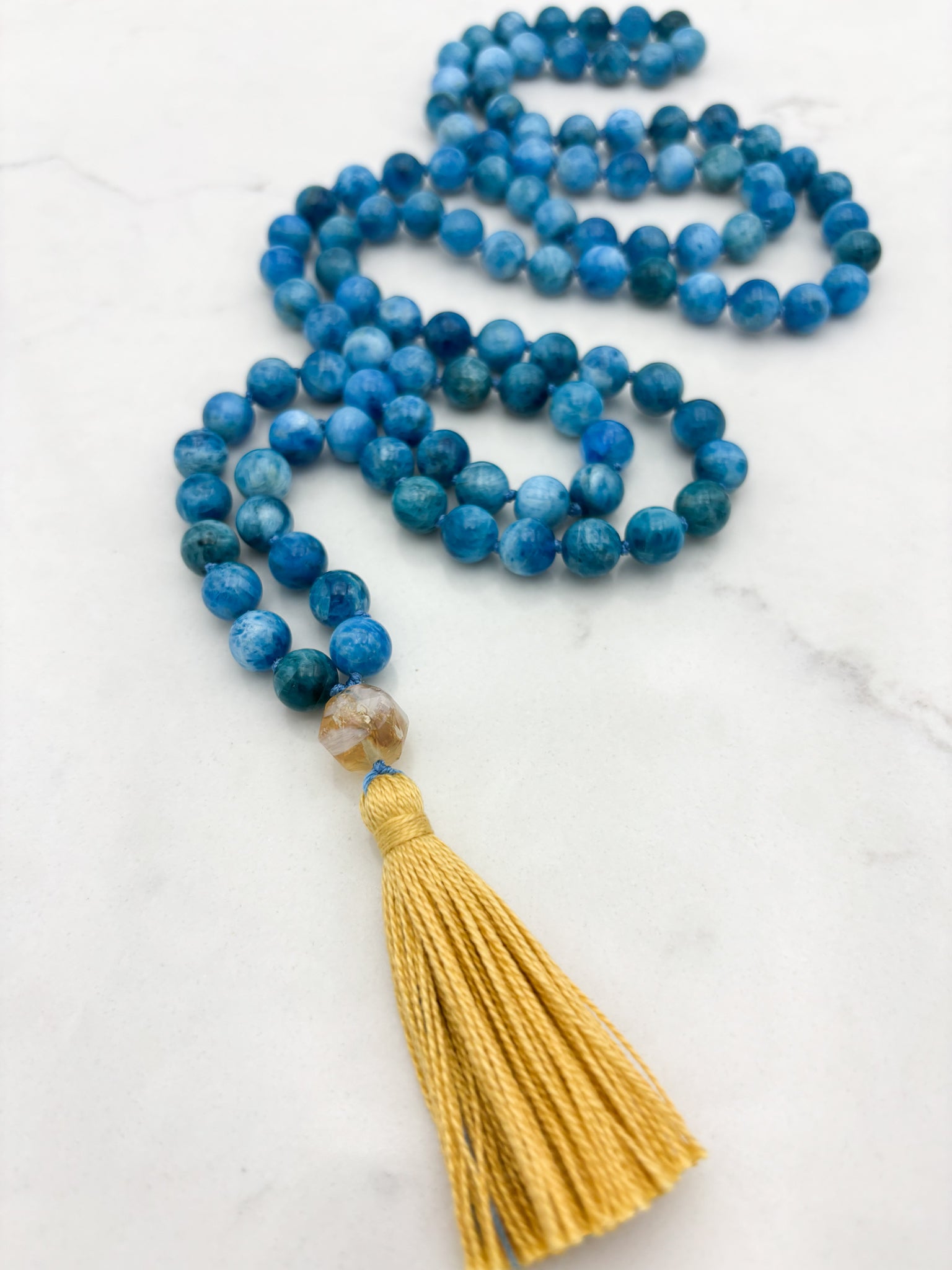blue apatite gemstone mala necklace | radiant malas | handmade in boulder, colorado