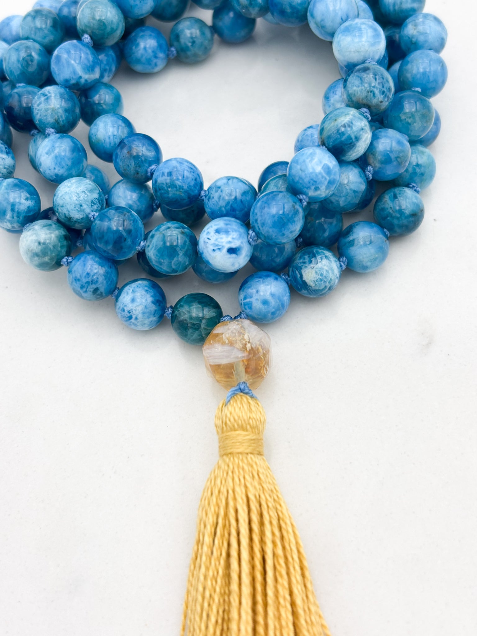 blue apatite gemstone mala necklace | radiant malas | handmade in boulder, colorado