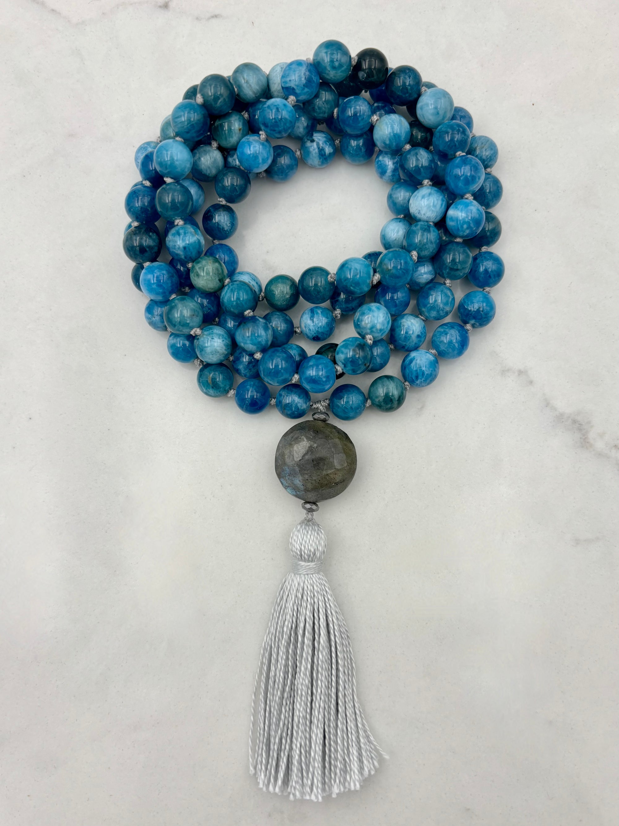 blue apatite gemstone mala necklace | radiant malas | handmade in boulder, colorado