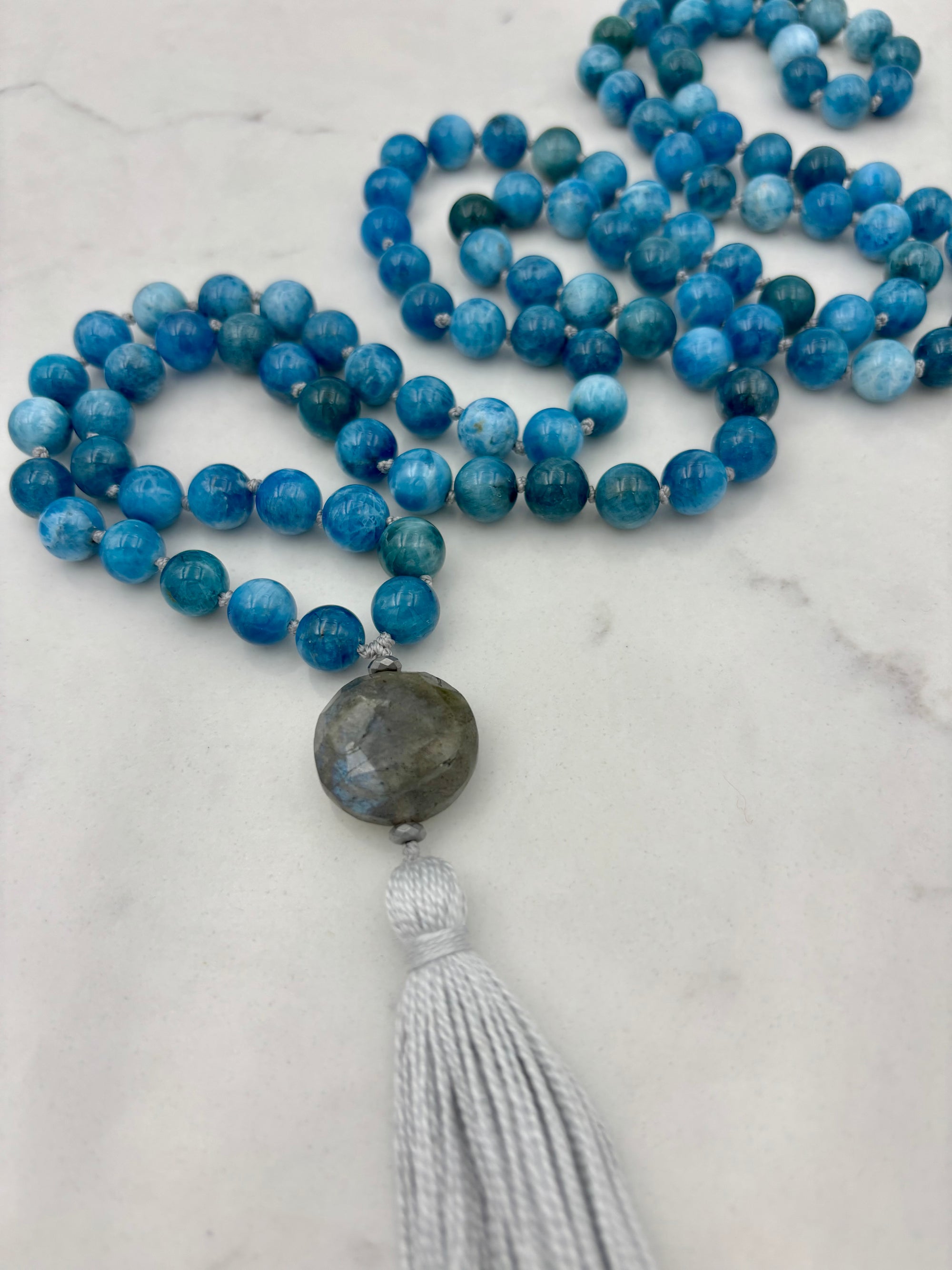 blue apatite gemstone mala necklace | radiant malas | handmade in boulder, colorado