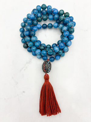 blue apatite gemstone mala necklace with Tibetan guru bead and rust tassel | radiant malas | handmade in boulder, colorado