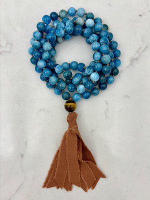 blue apatite gemstone mala with silk tassel | radiant malas | handmade in boulder, colorado