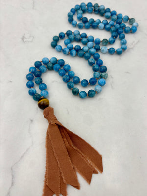 blue apatite gemstone mala with silk tassel | radiant malas | handmade in boulder, colorado