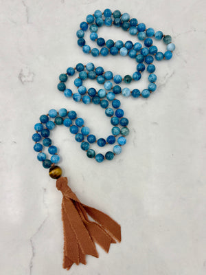 blue apatite gemstone mala with silk tassel | radiant malas | handmade in boulder, colorado