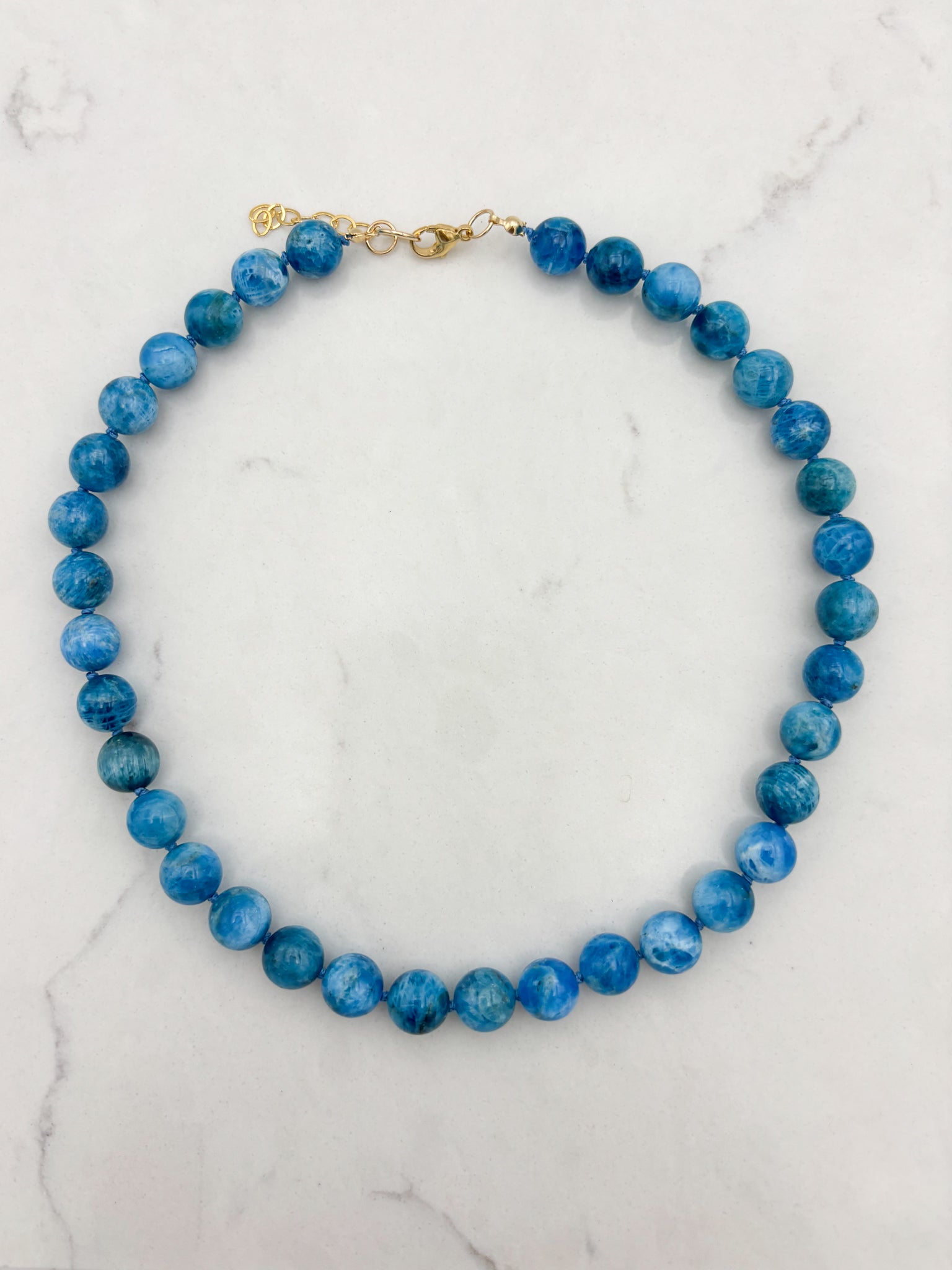 blue apatite big bead knotted necklace  radiant malas | handmade in boulder, colorado