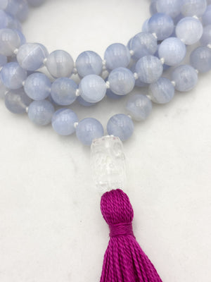 blue chalcedony gemstone mala with clear quartz guru bead and hot pink tassel | radiant malas | handmade in boulder, colorado