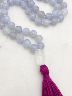 blue chalcedony gemstone mala with clear quartz guru bead and hot pink tassel | radiant malas | handmade in boulder, colorado