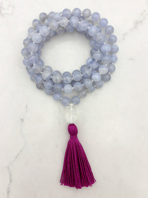 blue chalcedony gemstone mala with clear quartz guru bead and hot pink tassel | radiant malas | handmade in boulder, colorado