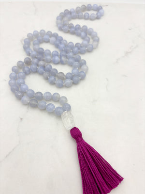 blue chalcedony gemstone mala with clear quartz guru bead and hot pink tassel | radiant malas | handmade in boulder, colorado