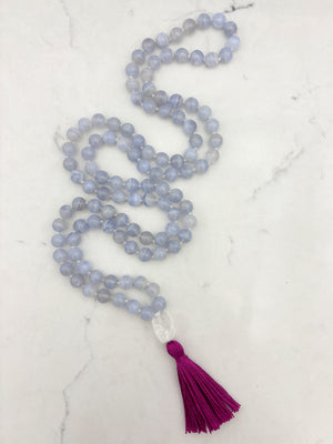 blue chalcedony gemstone mala with clear quartz guru bead and hot pink tassel | radiant malas | handmade in boulder, colorado