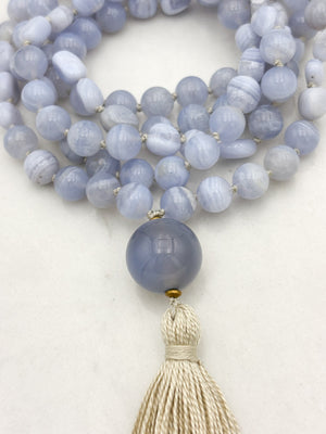 blue chalcedony gemstone mala with chalcedony guru bead and cream colored tassel | radiant malas | handmade in boulder, colorado