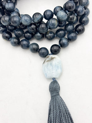 blue tiger's eye gemstone mala with aquamarine guru bead and gray tassel | radiant malas | handmade in boulder, colorado