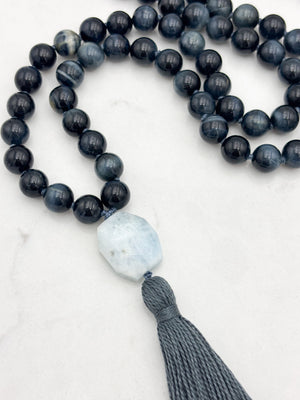 blue tiger's eye gemstone mala with aquamarine guru bead and gray tassel | radiant malas | handmade in boulder, colorado