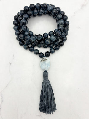 blue tiger's eye gemstone mala with aquamarine guru bead and gray tassel | radiant malas | handmade in boulder, colorado