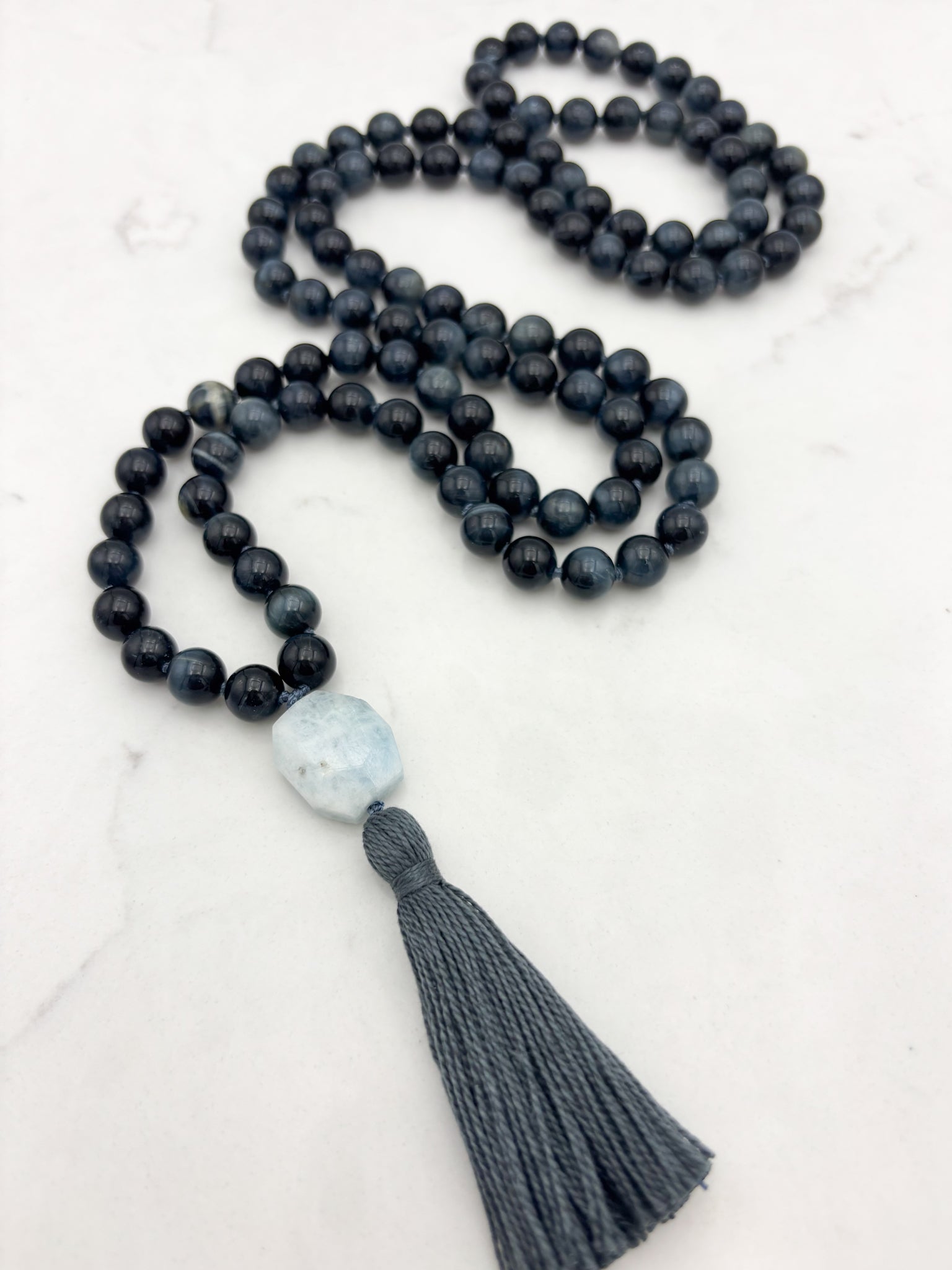 blue tiger's eye gemstone mala with aquamarine guru bead and gray tassel | radiant malas | handmade in boulder, colorado