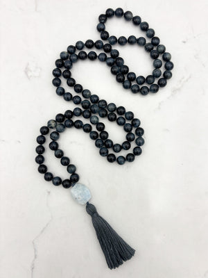 blue tiger's eye gemstone mala with aquamarine guru bead and gray tassel | radiant malas | handmade in boulder, colorado
