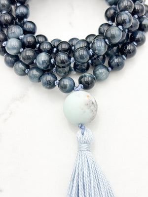 blue tiger's eye gemstone mala with amazonite guru bead and light gray tassel | radiant malas | handmade in boulder, colorado