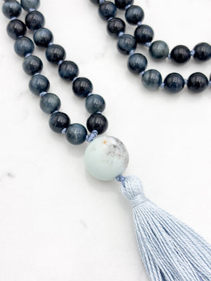 blue tiger's eye gemstone mala with amazonite guru bead and light gray tassel | radiant malas | handmade in boulder, colorado