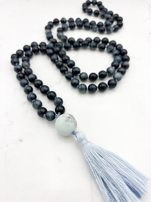 blue tiger's eye gemstone mala with amazonite guru bead and light gray tassel | radiant malas | handmade in boulder, colorado