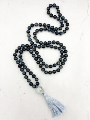 blue tiger's eye gemstone mala with amazonite guru bead and light gray tassel | radiant malas | handmade in boulder, colorado