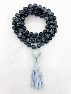 blue tiger's eye gemstone mala with amazonite guru bead and light gray tassel | radiant malas | handmade in boulder, colorado