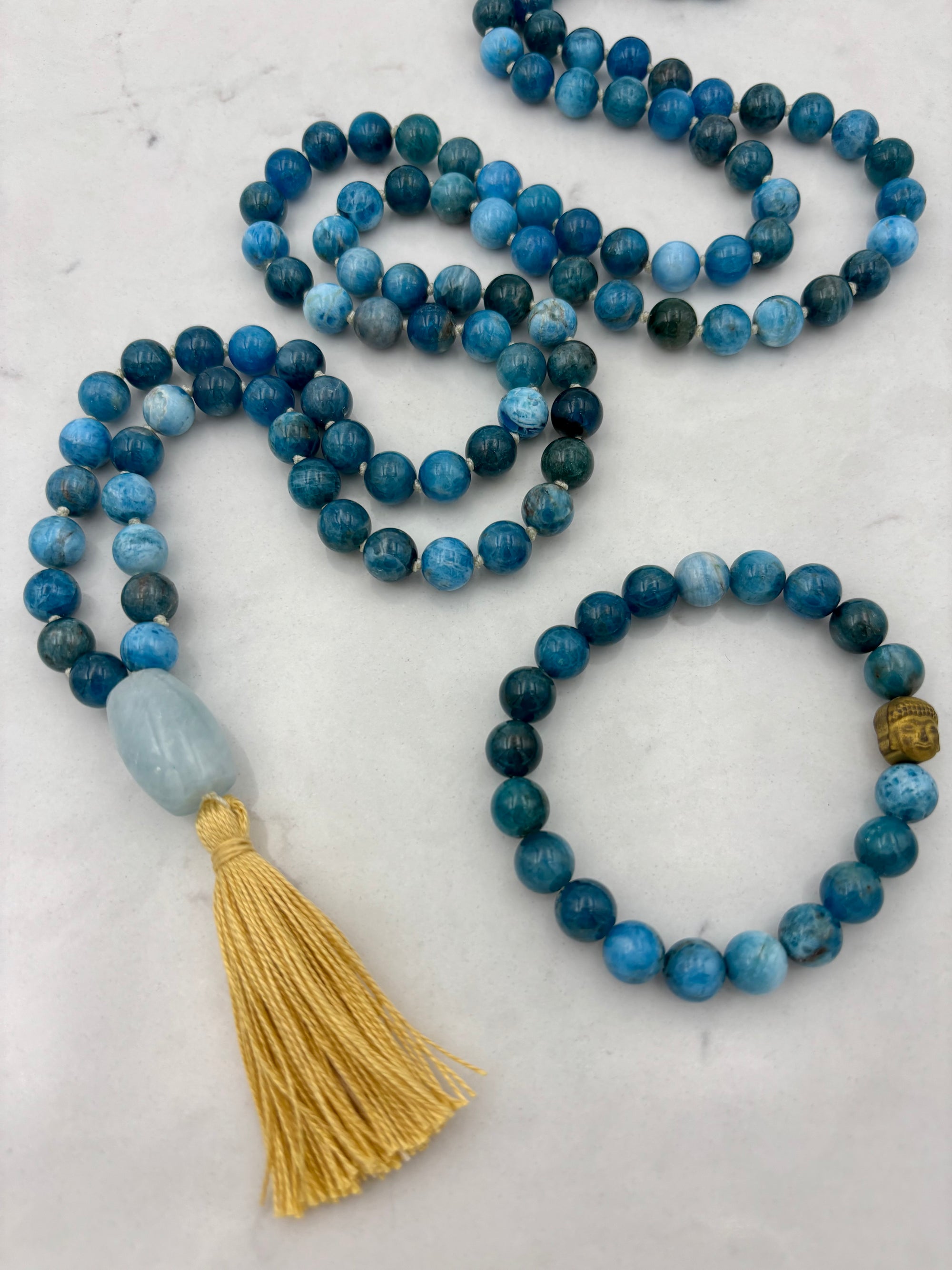 blue apatite gemstone mala necklace | radiant malas | handmade in boulder, colorado