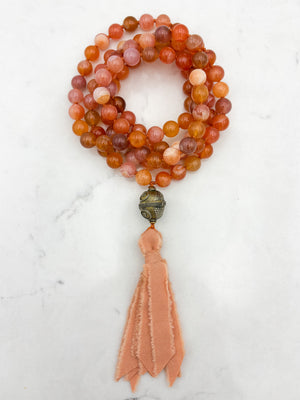 Red Botswana Agate Gemstone Mala with brass guru bead and peach silk tassel | radiant malas | handmade in Boulder, colorado