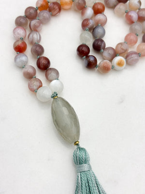 botswana agate gemstone mala with quartz guru bead and sage green tassel  | radiant malas | handmade in boulder, colorado