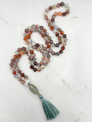 botswana agate gemstone mala with quartz guru bead and sage green tassel  | radiant malas | handmade in boulder, colorado