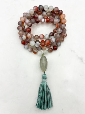 botswana agate gemstone mala with quartz guru bead and sage green tassel  | radiant malas | handmade in boulder, colorado