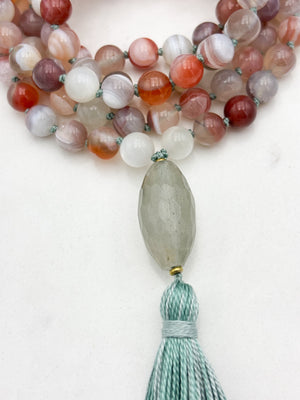 botswana agate gemstone mala with quartz guru bead and sage green tassel  | radiant malas | handmade in boulder, colorado