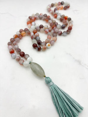 botswana agate gemstone mala with quartz guru bead and sage green tassel  | radiant malas | handmade in boulder, colorado