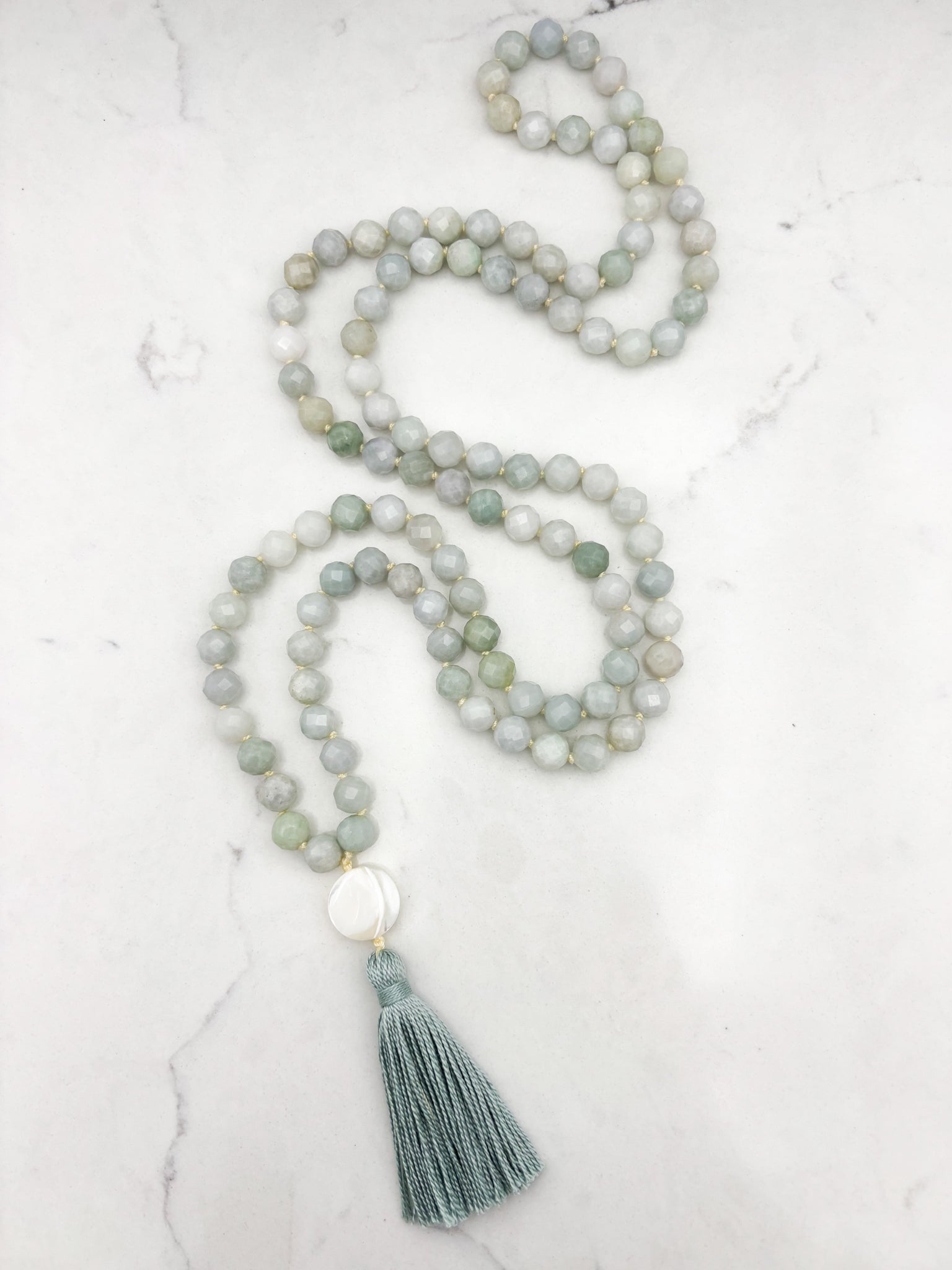 burma jade gemstone mala with mother of pearl guru bead and mint green tassel | radiant malas | handmade in boulder, colorado