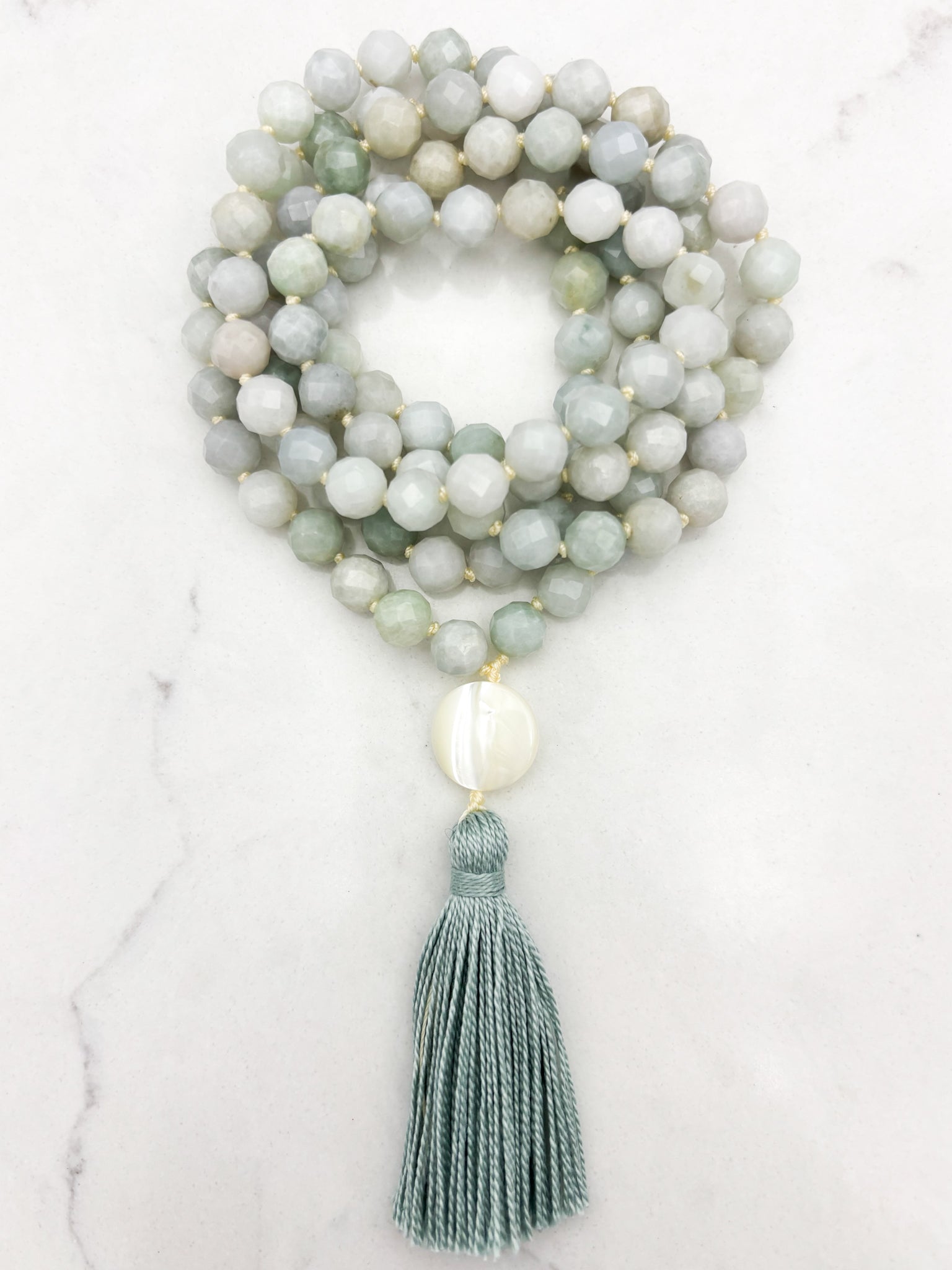 burma jade gemstone mala with mother of pearl guru bead and mint green tassel | radiant malas | handmade in boulder, colorado