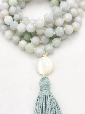burma jade gemstone mala with mother of pearl guru bead and mint green tassel | radiant malas | handmade in boulder, colorado
