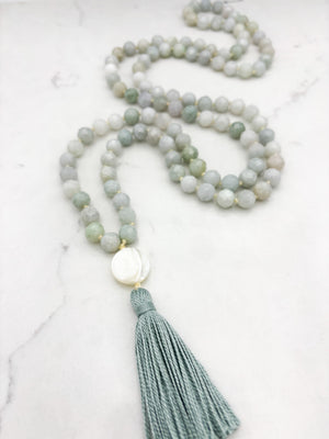 burma jade gemstone mala with mother of pearl guru bead and mint green tassel | radiant malas | handmade in boulder, colorado