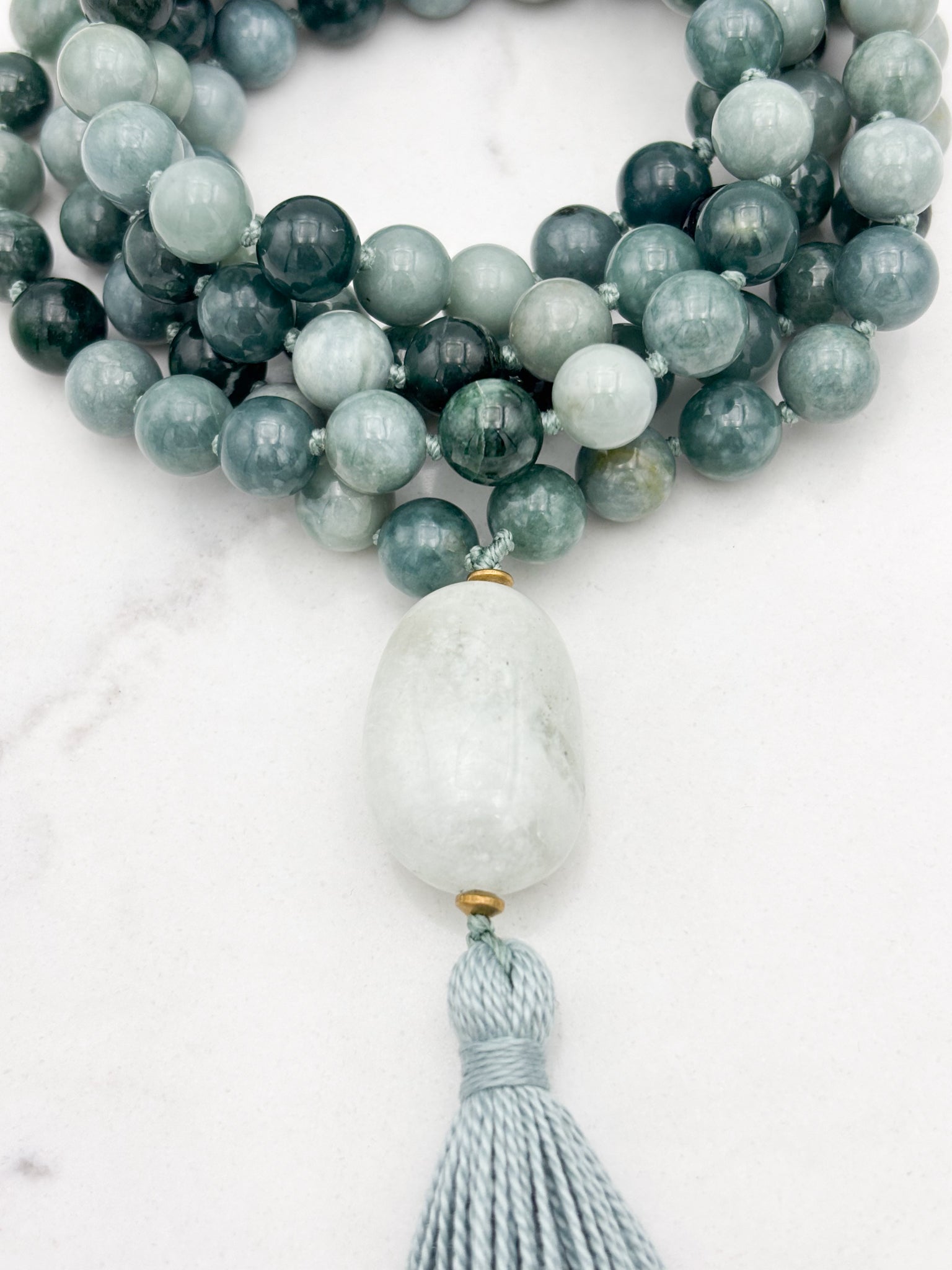 burma jade gemstone mala with aquamarine guru bead and sage green tassel | radiant malas | handmade in boulder, colorado