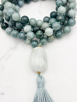 burma jade gemstone mala with aquamarine guru bead and sage green tassel | radiant malas | handmade in boulder, colorado