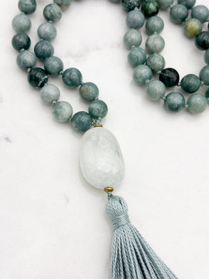 burma jade gemstone mala with aquamarine guru bead and sage green tassel | radiant malas | handmade in boulder, colorado