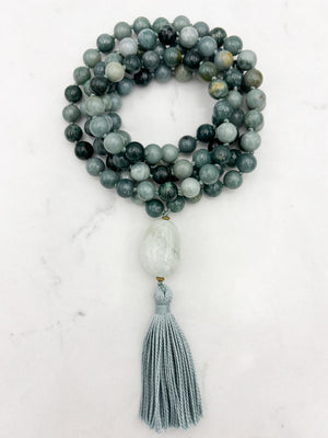 burma jade gemstone mala with aquamarine guru bead and sage green tassel | radiant malas | handmade in boulder, colorado