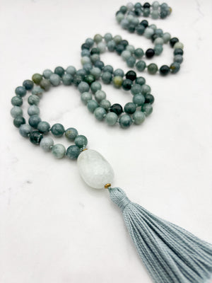 burma jade gemstone mala with aquamarine guru bead and sage green tassel | radiant malas | handmade in boulder, colorado