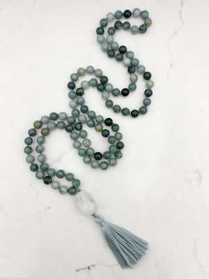 burma jade gemstone mala with aquamarine guru bead and sage green tassel | radiant malas | handmade in boulder, colorado