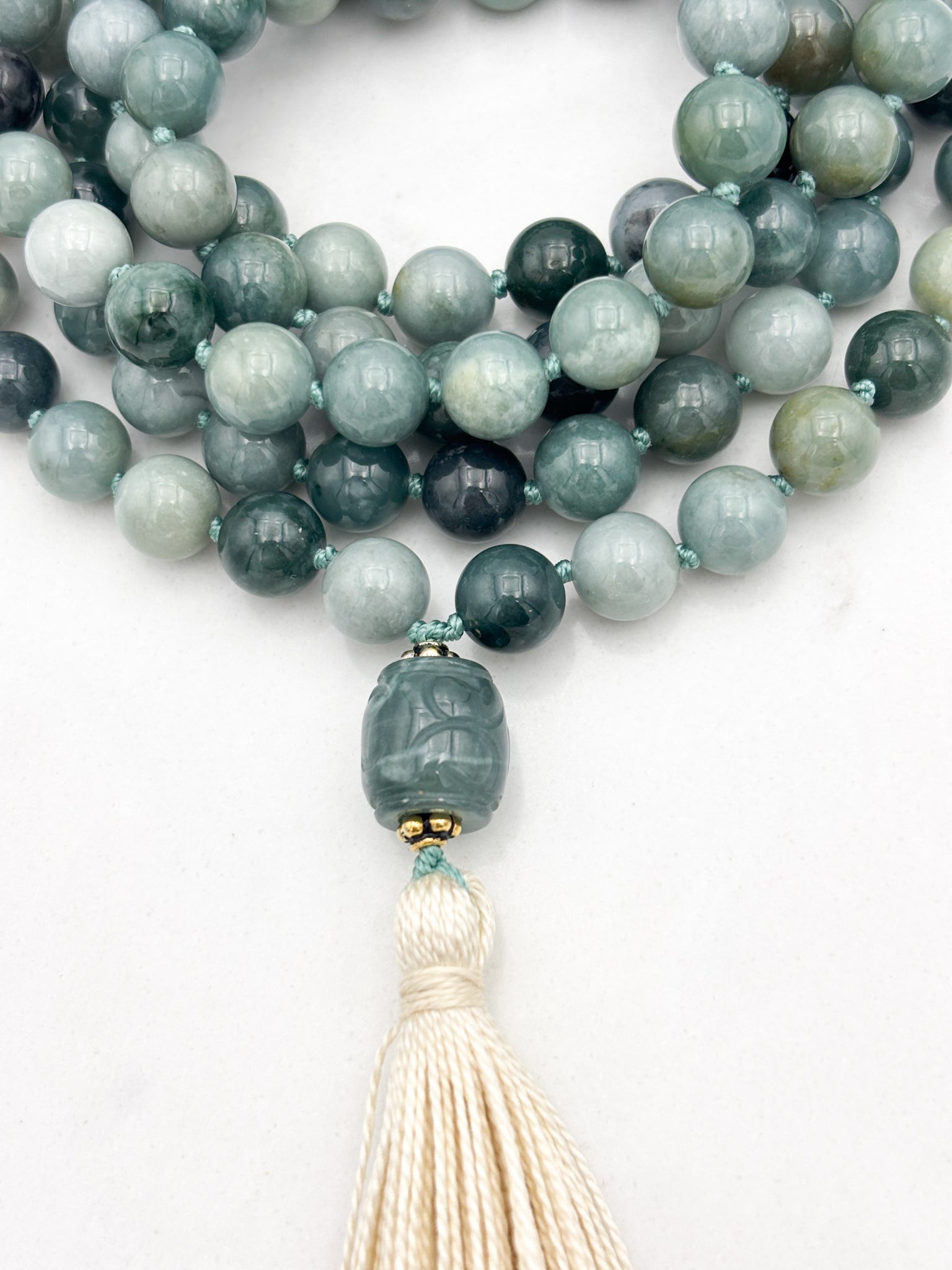 burma jade gemstone mala with burma jade guru bead and cream tassel | radiant malas | handmade in boulder, colorado
