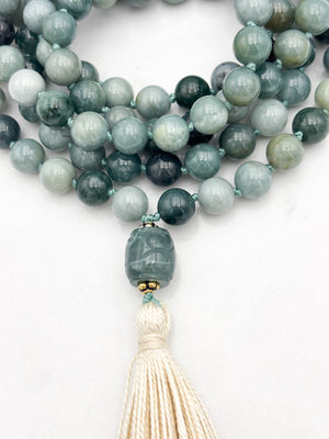 burma jade gemstone mala with burma jade guru bead and cream tassel | radiant malas | handmade in boulder, colorado