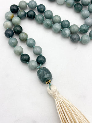 burma jade gemstone mala with burma jade guru bead and cream tassel | radiant malas | handmade in boulder, colorado