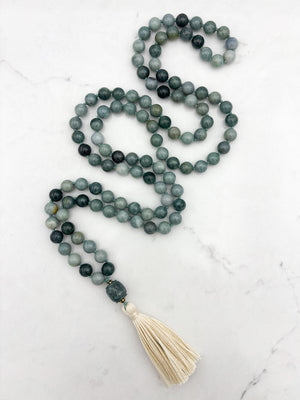burma jade gemstone mala with burma jade guru bead and cream tassel | radiant malas | handmade in boulder, colorado