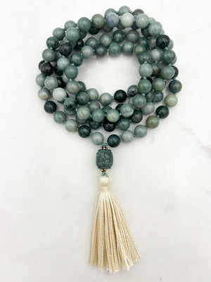 burma jade gemstone mala with burma jade guru bead and cream tassel | radiant malas | handmade in boulder, colorado