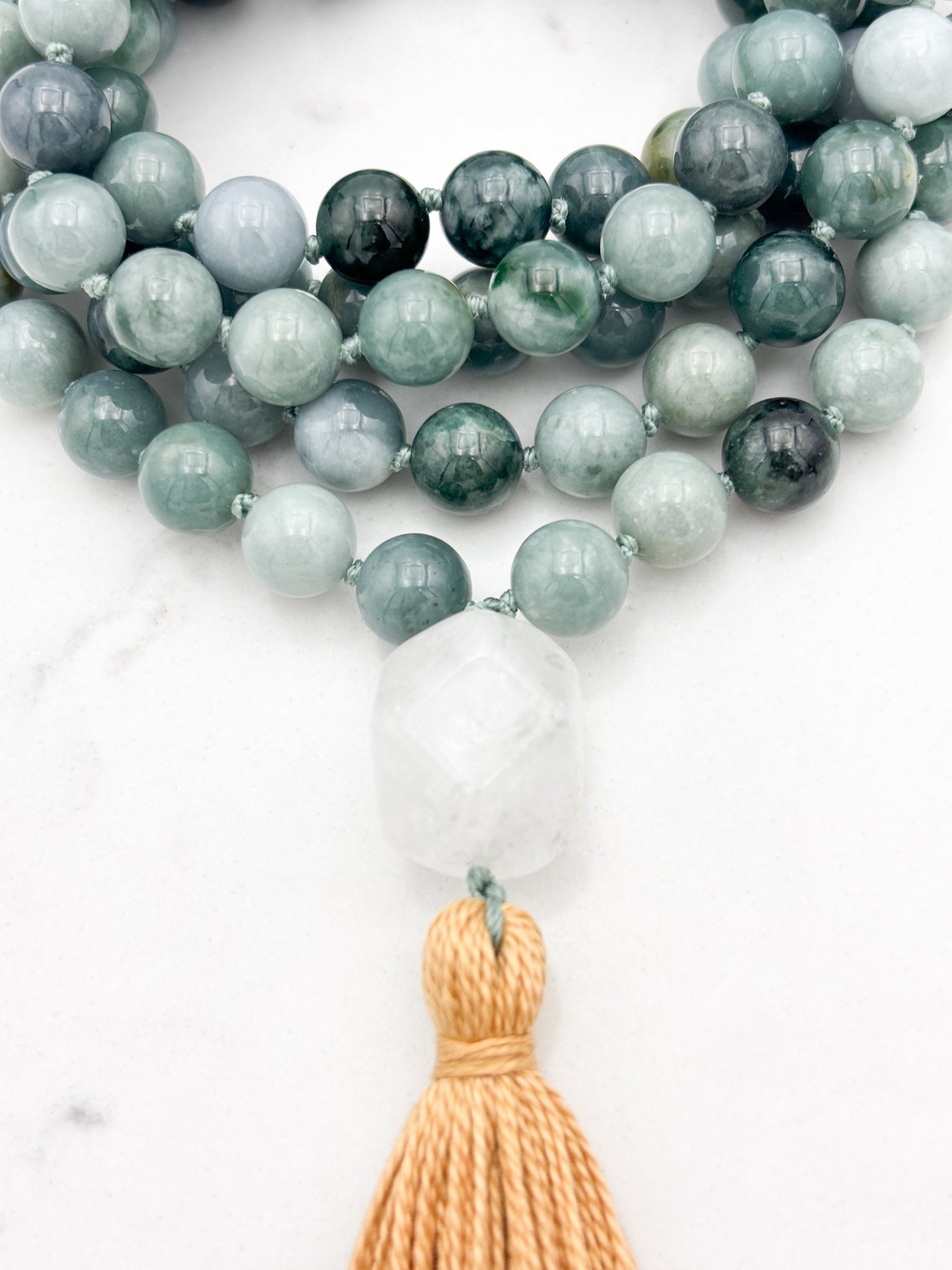 burma jade gemstone mala with quartz guru bead and gold tassel | radiant malas | handmade in boulder, colorado