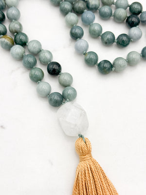 burma jade gemstone mala with quartz guru bead and gold tassel | radiant malas | handmade in boulder, colorado