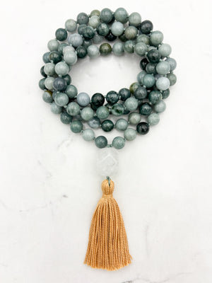 burma jade gemstone mala with quartz guru bead and gold tassel | radiant malas | handmade in boulder, colorado